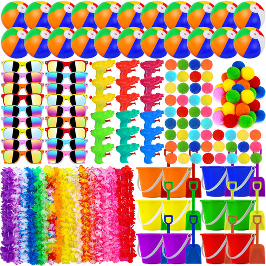 Oleitodh 126 Pcs Kids Summer Beach Party Favor Bulk-Includes 18 Inflatable Beach Balls, 36 Sand Bucket&Shovel Set, 18 Neon Sunglass, 18 Water Guns,18 Water Balls,18 Hawaiian Leis for Luau Party Decor