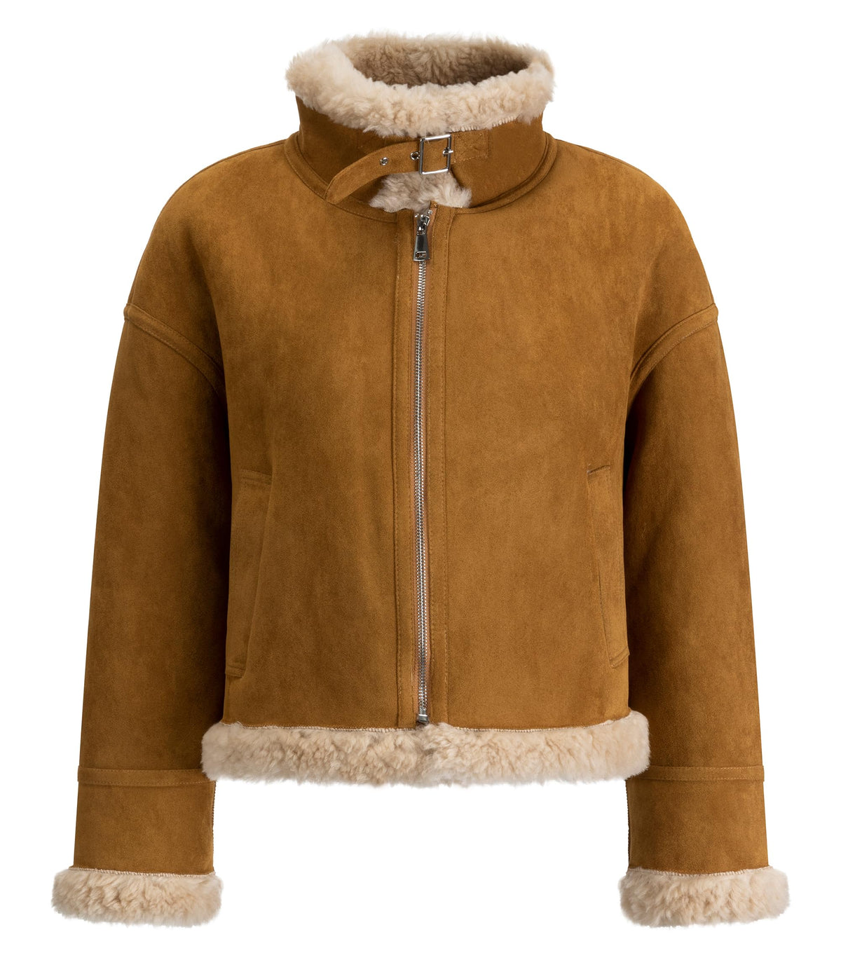 FLAVOR Womens Wool Shearling Bomber Faux Leather Jacket Warm Winter Faux Fur Coat Brown (Brown, L)