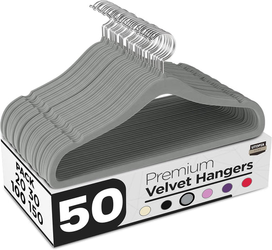 Utopia Home Velvet Hangers 50 Pack - Luxury Non-Slip Slim Coat & Pant Hangers with 360° Swivel Hook - Grey