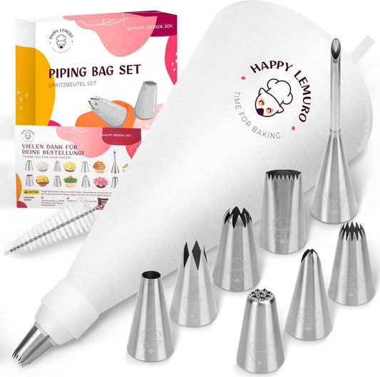 Skiennix Premium Reusable Piping Bags Set - 16" Cotton Pastry Bag with 8 Large Icing Tips | Dishwasher Safe