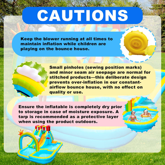 WELLFUNTIME Inflatable Water Double Slides Park with Blower, Bouncy Castle with Rainbow Water Curtain, with Shooting and Rock Climbing