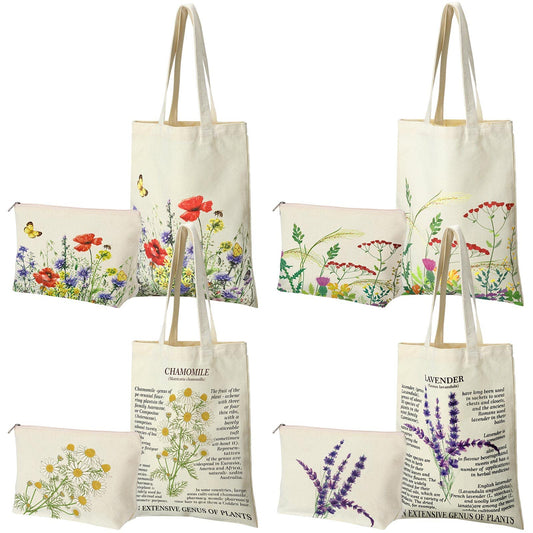 Pinkunn 8 Pcs Floral Tote Bag and Makeup Bag Set Reusable Wildflower Canvas Tote Women Gifts Bags for Graduation Birthday(Colorful)