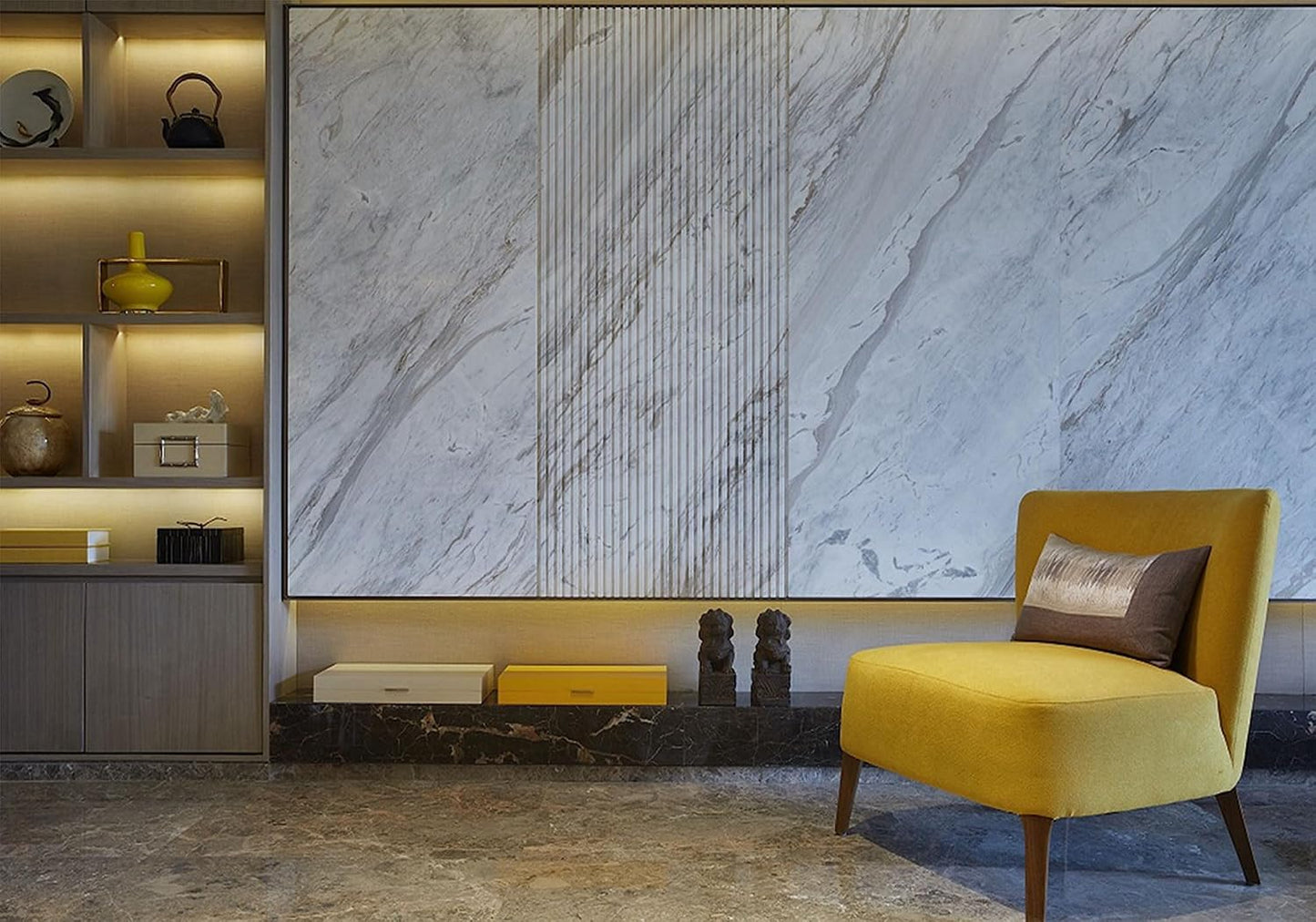 SHDASMIL 6X6ft Luxury Marble Wall Interior Backdrop Yellow Accent Chair Elegant Shelf Background Modern Asian Style