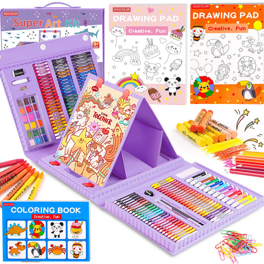 Soucolor Art Supplies, 283 Pieces Drawing Set Art Kits with Trifold Art Easel, 2 Drawing Pads, 1 Coloring Book, Crayons, Pastels, Arts and Crafts Gifts Case (Purple)