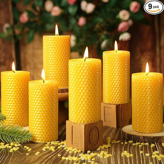 Handmade-Rolled Beeswax Candles,2x4in-9 pcs All Natural Honeycomb Beeswax Pillar Candles,180 Hours Long Burning Bees Wax Candles for Home
