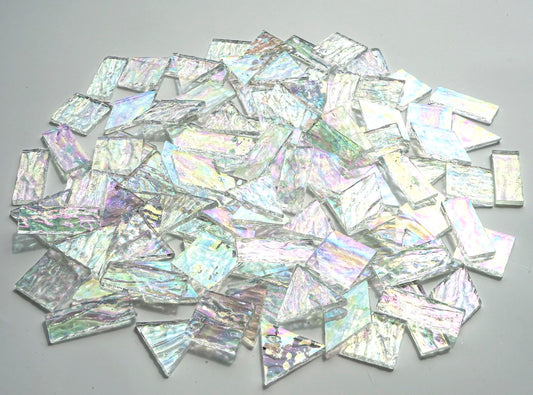 CHICSHIS Iridescent Textured Cathedral Glass Mosaic Tiles, 200g Transparent Stained Glass Pieces for Mosaic Art, Pre-Cut for Handmade Crafts, Clear