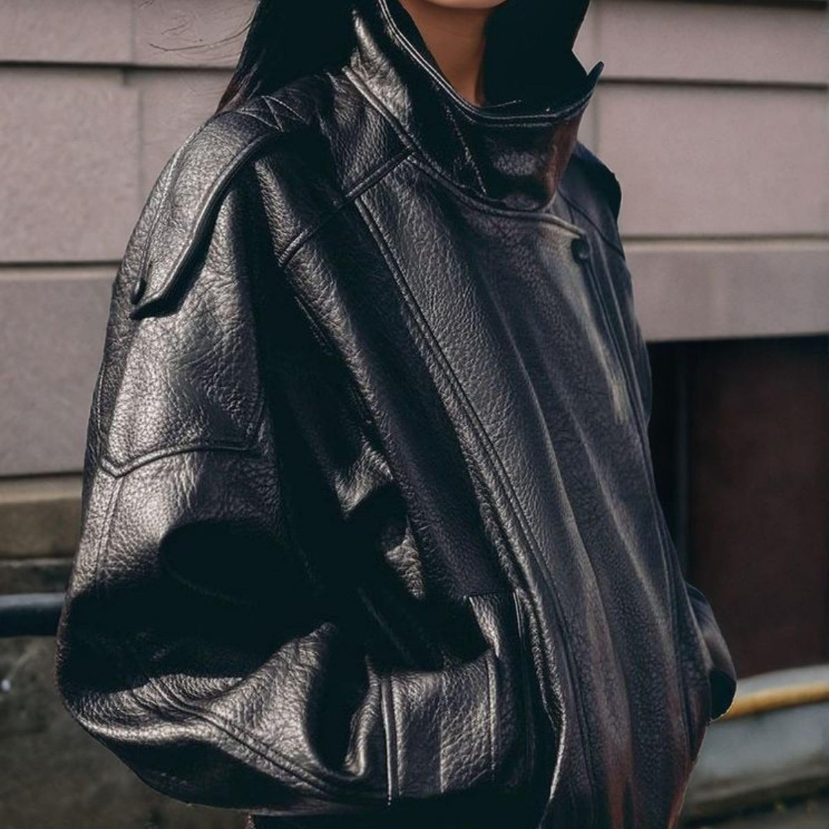 FindThy Women’s Oversized Faux Leather Jacket Casual High Collar Long Sleeve Zip Up Fall Fashion Motorcycle Coats(4201-Black-L-LB)