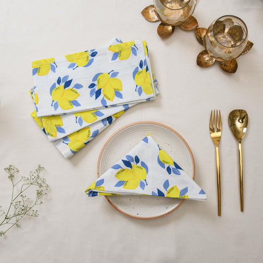 TARAN LIVING Printed Cotton Cloth Napkins Fall Dinner Napkin Set Reusable Machine Washable Fabric for Gifting, House Party Events, Home Decor, Craft - 18"x18" - Set of 4 - Lemon Print