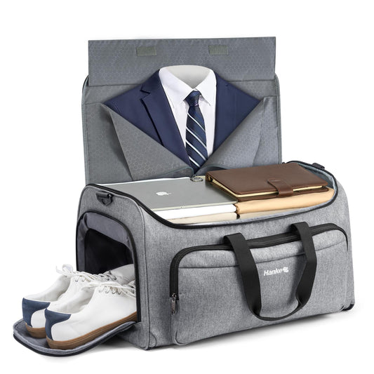 Hanke Carry on Garment Bags for Travel,Convertible Duffle Bag Luggage Bag Weekend Bag with Shoe Compartment,2 in 1 Hanging Suitcase Suit Bag for Men Women,Light Grey