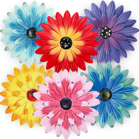 Zhehao 6 Pcs Metal Flower Wall Art Decor 12 Inch Sunflower Wall Decorations Hanging Outdoor Art Multicolored Handmade Metal Flowers Outdoor Decor(Cute Color)