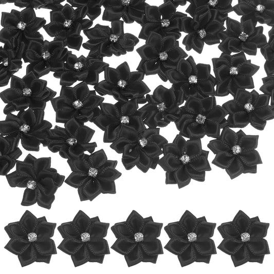 M METERXITY 200-Pack Satin Ribbon Flowers, 1.2 Inch Mini Fabric Flowers with Rhinestones Flower Ribbon Appliques for Crafts DIY/Wedding/Ornament/Party/Home [Black]