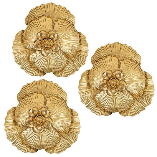 DILATATA 3 Pcs Metal Flower Wall Art Set 10 Inch Rustic Modern Floral Sculpture 3D Metal Flower Wall Hanging Accent for Indoor Living Room Bedroom Kitchen Bathroom Garden Patio Decor - Gold