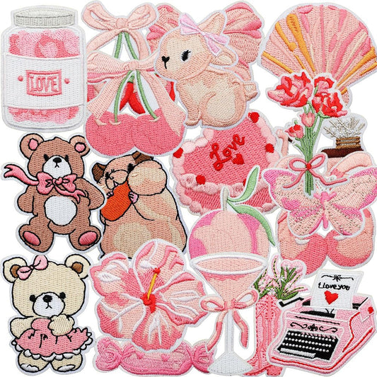 20 PCS Girls Pink Sweet Taste Iron on Patches Funny Embroidered Applique Sew on Patches for Backpacks Pants Clothes Vests Coat Uniforms Dress Hat DIY Decoration Bags Jackets Jeans