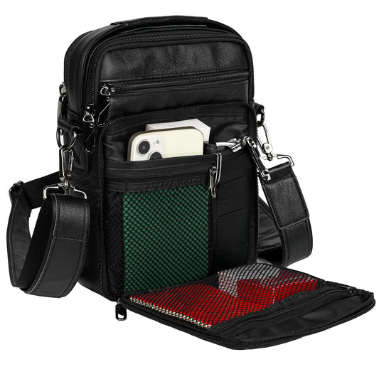 Ariscobull - Leather Small Messenger for Men - Women Shoulder Chest Travel Bag - Crossbody Bag (Black)