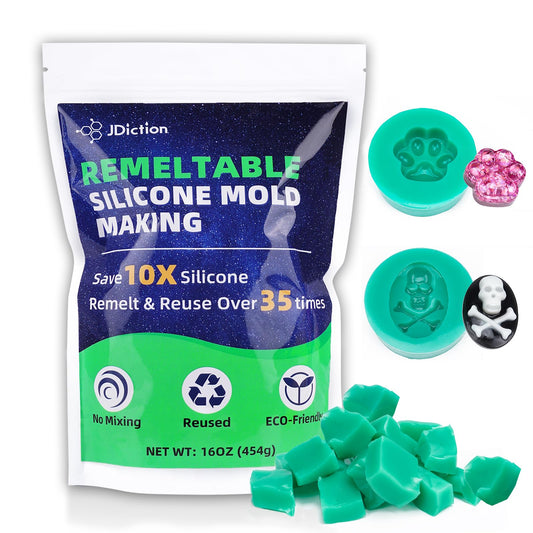 JDiction Remeltable Silicone Mold Making Kit, 35X Reusable Silicone for Mold Making, No Mix, Non-Toxic, Odorless Silicone Rubber for Resin, Epoxy, Picky Pad, Plaster, Soap, Candle, Small Crafts-16oz