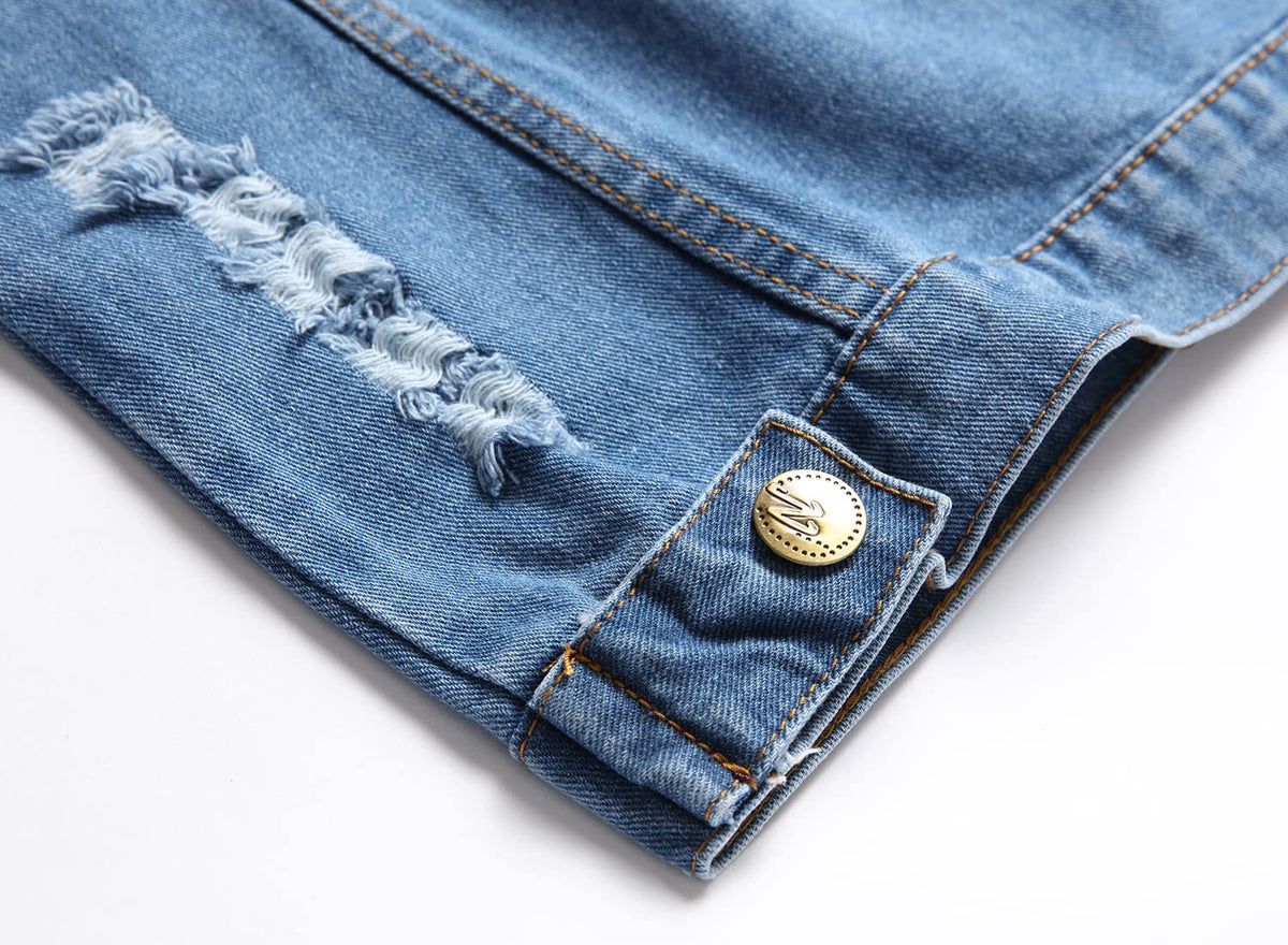 JUDIGODR Denim Vest Men Lapel Sleeveless Slim Fit Retro Ripped Casual Bule Jean Vest and Jacket for Men's (L,Lightblue 813)