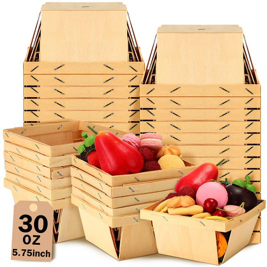 Geosar 30 Pcs One Quart Wooden Berry Baskets Bulk 5.75 Inch Square Vented Wood Boxes Empty Wooden Baskets Gifts, Picking Fruit, Arts, Crafts and Decor(Original Wood Color)