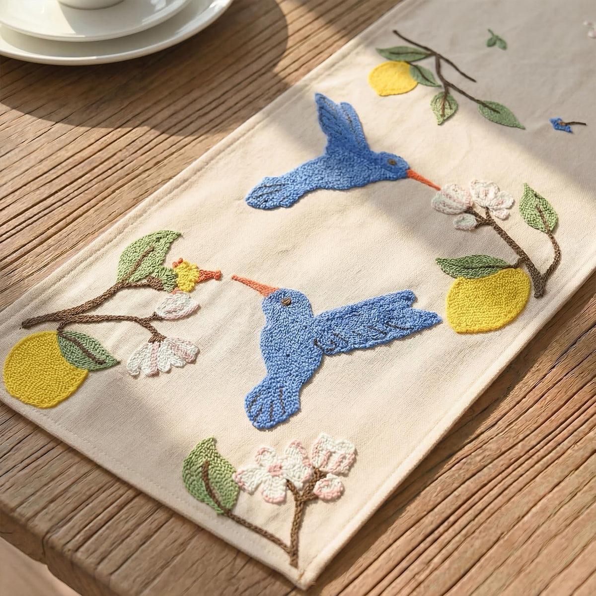 Artoid Mode Beige Soft Chain Embroidery Flower Bird Lemon Spring Table Runner, Seasonal Summer Kitchen Dining Table Decoration for Home Party Decor 13x72 Inch