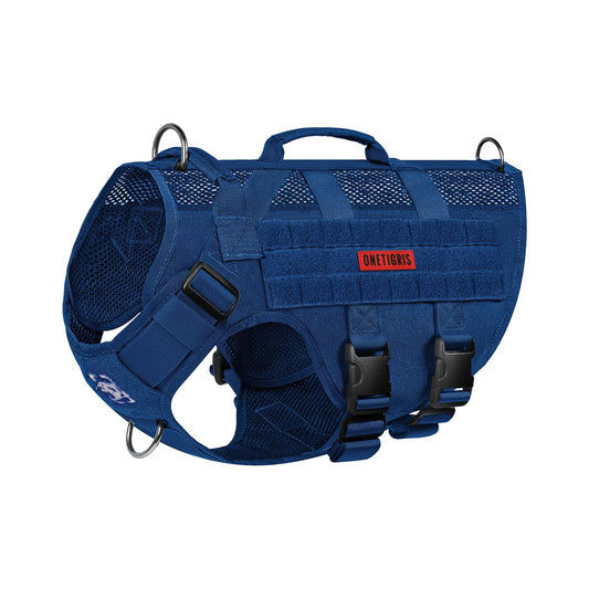 OneTigris Tactical Dog Harness for Small Medium Large Dogs, Mesh Design Service Dog Vest Breathable Military Dogs Molle Vests with Handles, Harness for Walking Hiking Training (Blue, L)