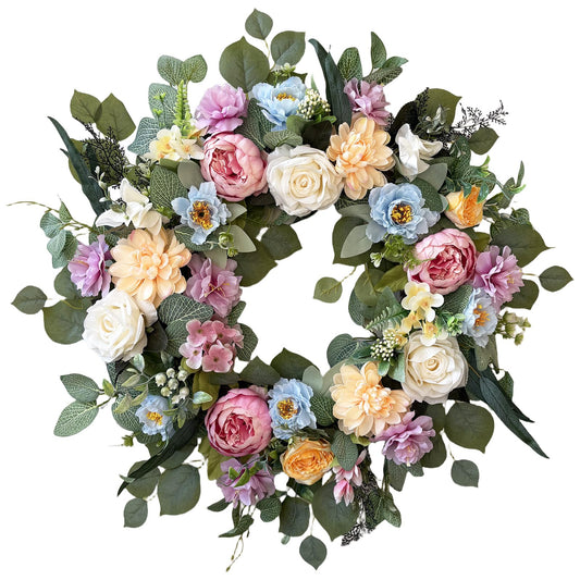 Spring Wreaths for Front Door,Summer Wreath with Peony Rose and Dahlia Flowers,24 Inch Floral Door Wreath for All Seasons Outside Outdoor Indoor Wall Wedding Holiday Home Decor