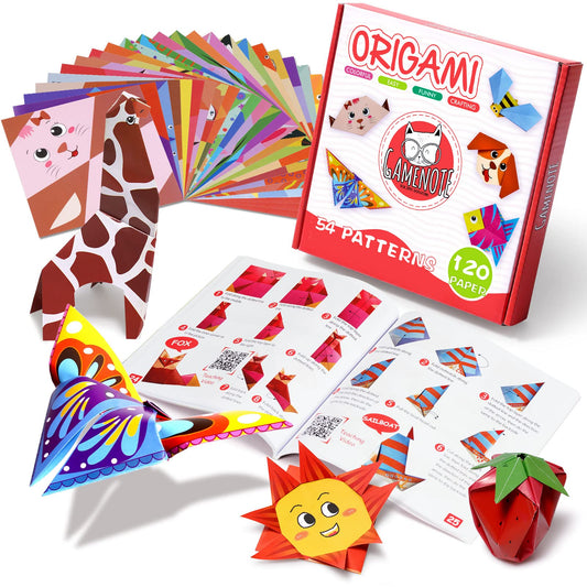 Gamenote Colorful Origami Kit for Kid 54 Projects 120 Double Sided Origami Paper 12 Sheets Practice Papers Instructional Origami Book Origami Gift for 4+ Kids Adult Beginner Training Craft, Daily Life