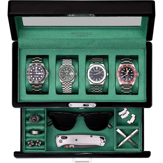 ROTHWELL 4-Slot Piano Black Watch Box with Valet Drawer - Premium Jewelry Display Case Organizer with Locking Glass Top and Microsuede Liner for Men & Women (Green Interior)