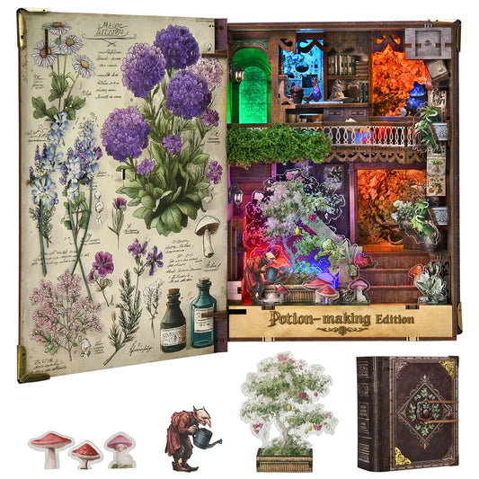 MiniCity Book Nook Kit,Tiny House Kits to Build to Live in,DIY Wooden Crafts for Adults, Mini Model Kits with LED, Birthday and Valentine's Day Gift for Adults (Potion-Making Edition)