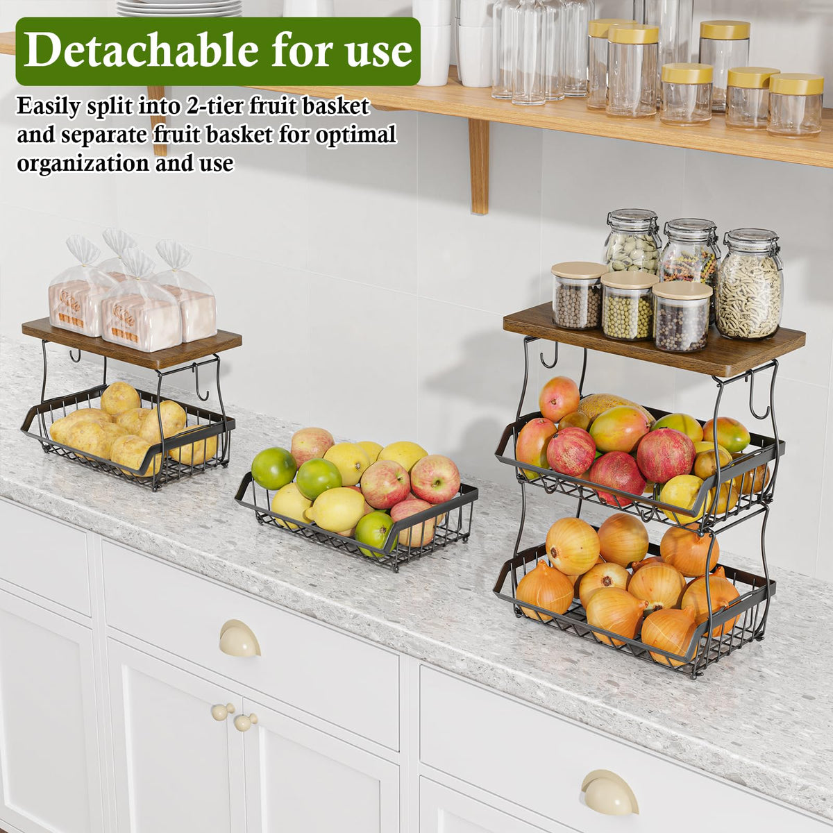 OKZEST 3-Tier Fruit Basket for Kitchen Counter with Banana Hangers, Countertop Organizer Fruit Bowls with Wood Top, Fruit Storage Basket Stand for Storage Potato Onion Bread Snack Fruit Veggie