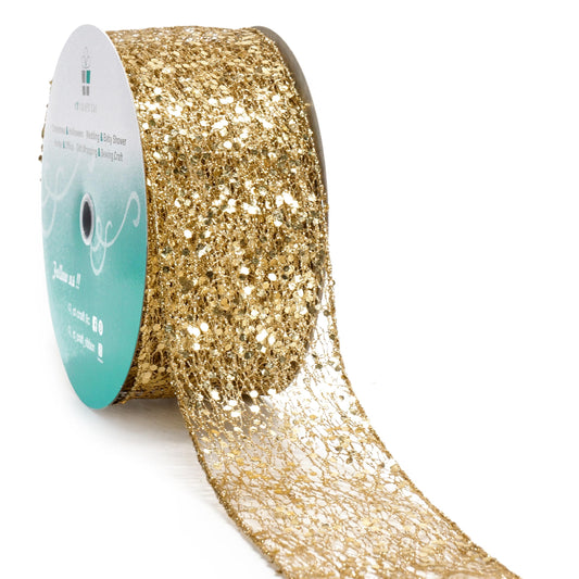 CT CRAFT LLC Sparkling Glitter Mesh Wired Ribbon 2.5" x 20 Yards Gold for Christmas Home Decor Bow Gift Wrapping DIY Crafts Wreath