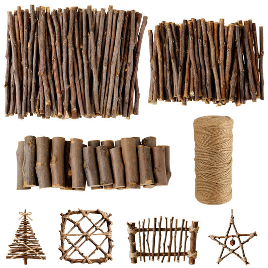Suncalla 251 Pack Wooden Log Sticks for Crafts Kit 6 Inch and 4 Inch Natural Twigs Stick 0.8cm in Diameter Wood Log 164 Feet Jute Twine for DIY Rustic Home Decor School Projects Crafting Filler