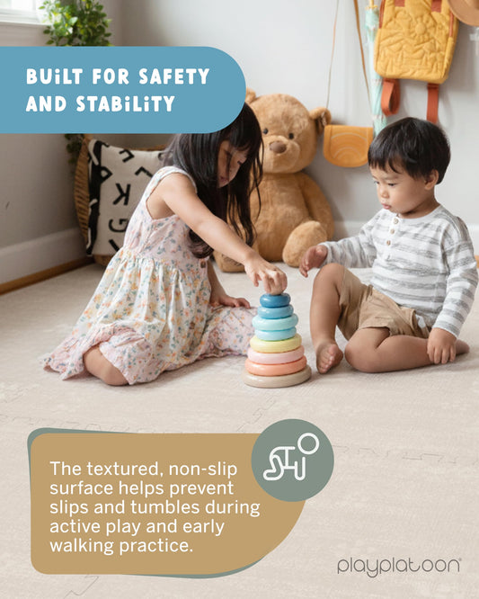 Play Platoon Non-Toxic Large Baby Play Mat for Floor, 9 Tile 72 x 72 inch - Extra-Thick Interlocking Foam Floor Tiles 24 x 24 in Puzzle Mat Pieces with Border, Playmat Rug for Kids - Brushed Cotton