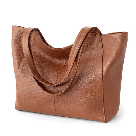befen Soft Real Leather Tote Bag for Women Work, Women's Slouchy Casual Zipper Tote Work Bag Totes Travel Purse with Cup Holder Cognac Brown