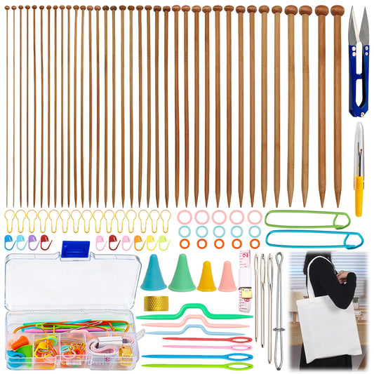 Bamboo Knitting Needles Set - 18 Pairs Wooden Knitting Needles for Beginners Complete Smooth Knitting Kit with Storage Bag (2.0-10.0mm) for Sweater Shawl Scarf DIY Craft