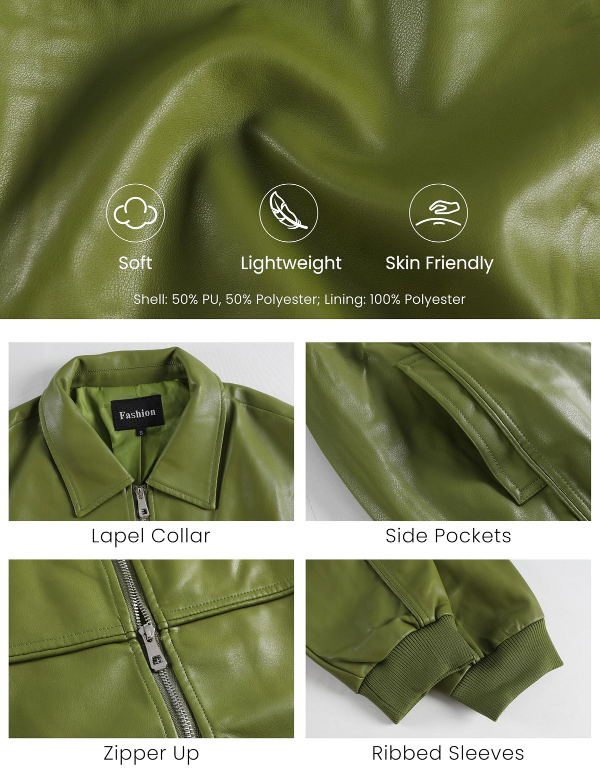 EsheSy Women's Oversized Leather Jacket Faux Suede Boyfriend Motorcycle Full Zip Bomber Jacket(Green-S)