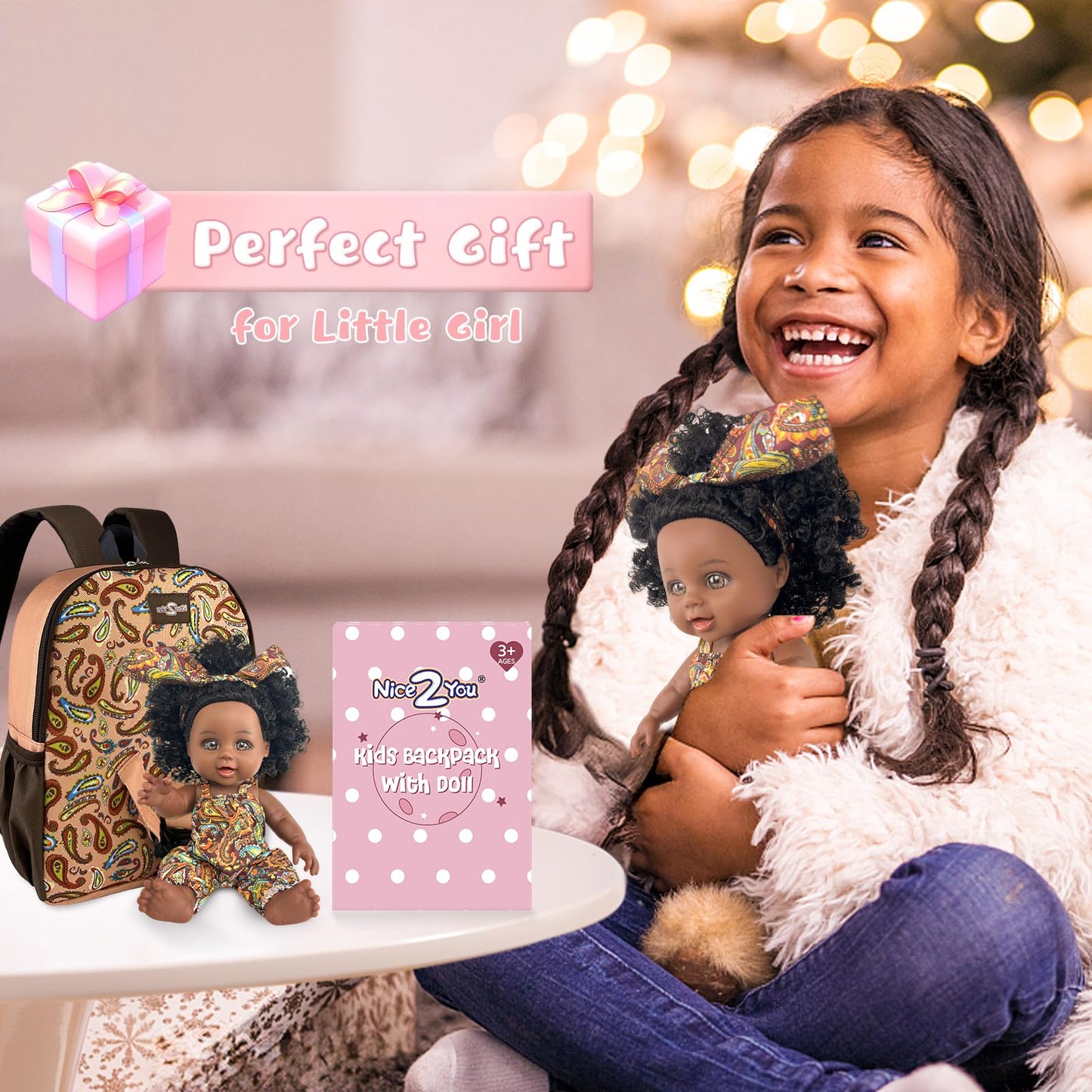 Nice2you Black Baby Doll in Take Along Backpack Carrier, 10in American African Girl Doll for Toddlers and Kids Aged 1-3 2 4 5 Year Old, Backpack for Baby Doll Accessories Storage