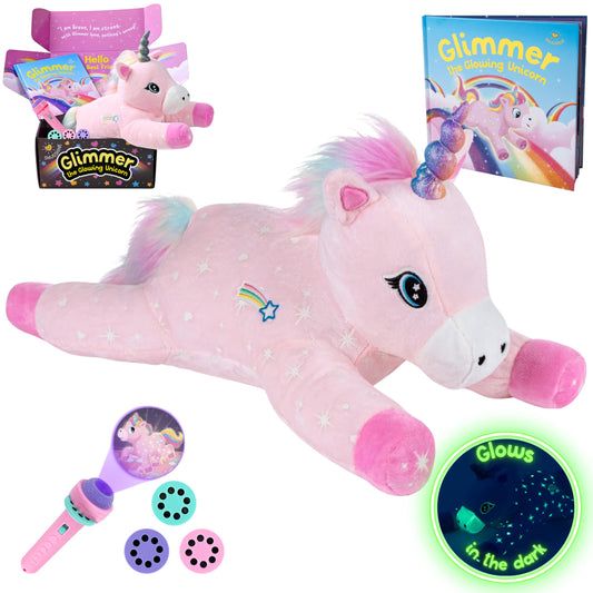 SNUGSHINE Glow in the Dark Unicorn Plush with Book & Flashlight Projector, 18 Inch Unicorn Stuffed Animal and Book Set, Light Up Toy Stuffies for Girls Gift Set, Bedtime Help Sleep Aid