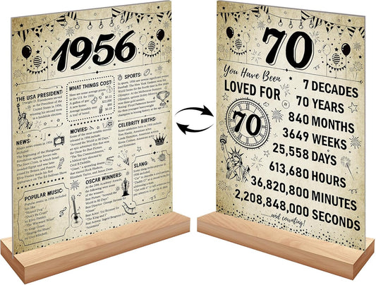 Vintage 70th Birthday Decorations - Wooden Two-Sided Acrylic Sign with Stand | 1956 Theme Table Decor
