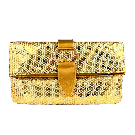 Evening Clutch Bag for Women, Sequin/Patent Leather/Woven PU Leather Clutch with Metal O-Ring Buckle Closure (Gold Sequin)