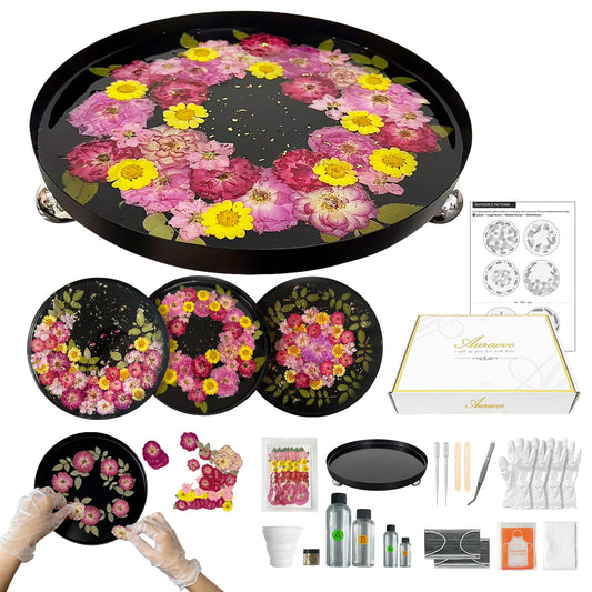 Auraeve All-in-One Craft Resin Kit for Adult - Create Your Own Real Flower Tray, Gift for Crafter Women, Beginner Friendly, Use as Vanity, Perfume, Trinket Organizer, 9.8" (Black-Basic)