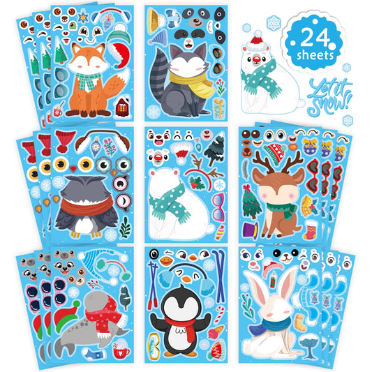 24 Sheets Winter Stickers for Kids Toddlers, Make-a-face Sticker Make Your Own Stickers 8 Designs of Animal Owl Penguin Snowman Bear Sticker Party Decorations Supplies