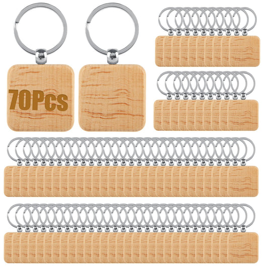 YAYODS 70 Pieces Wood Keychain Blanks, Square Wooden Blanks Bulk with Key Rings, Engraving Wood Keychain Tag for DIY Crafts Gift