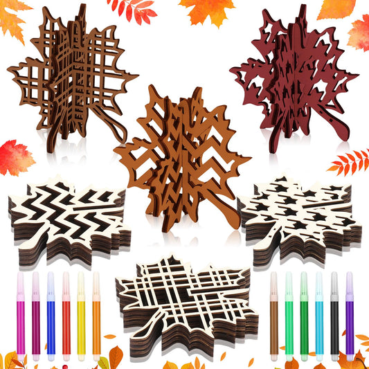 Huwena 36 Pcs Fall Crafts Set 24 Maple Leaf Wood DIY Crafts Cutouts with 12 Colored Markers Unfinished Maple Leaf Wooden Slices for Thanksgiving Autumn Party Tiered Tray Decor Table Centerpiece