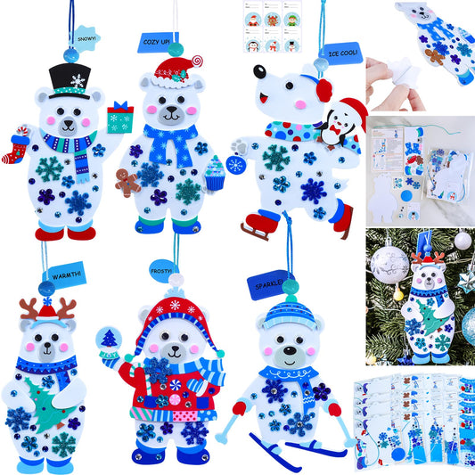 Winlyn 24 Sets Winter Decorations DIY Polar Bear Ornaments Christmas Craft Kits Foam Polar Bear with Snowflake Foam Stickers for Kids Holiday Seasonal Gift Home Classroom Activities Party Favors