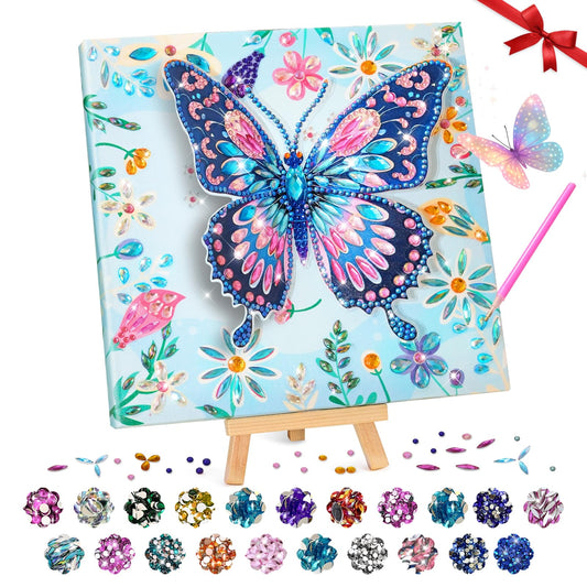 Arts and Crafts for Kids Ages 8-12, Diamond Art Kits for Kids, Birthday Gifts for 6 7 8 9 10 11 12 Years Old Girl, Gem Art Butterfly Kit for Teen Girl, DIY Crafts Toy with Frame for Room Decor (Blue)