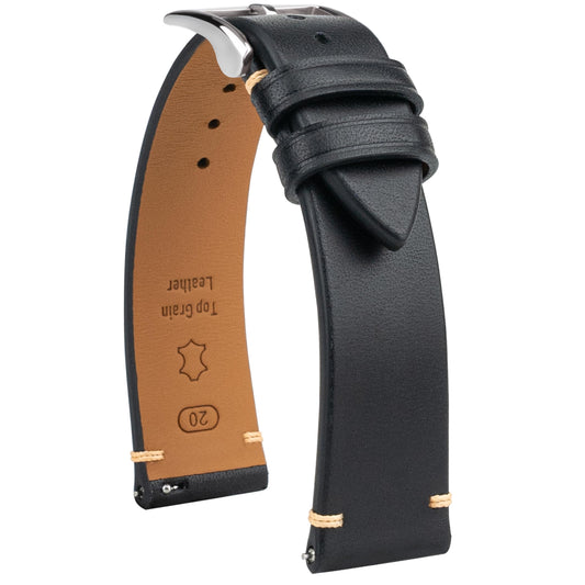 Gomvadr Handmade Slim Vintage Top Grain Leather Watch Strap, Quick Release, 18 mm/19 mm/20 mm/21 mm/22 mm, Silver/Black Buckle, Tan/Brown/Blue/Black/Coffee, Unisex for Men Women (Black with Silver Buckle, 20mm)