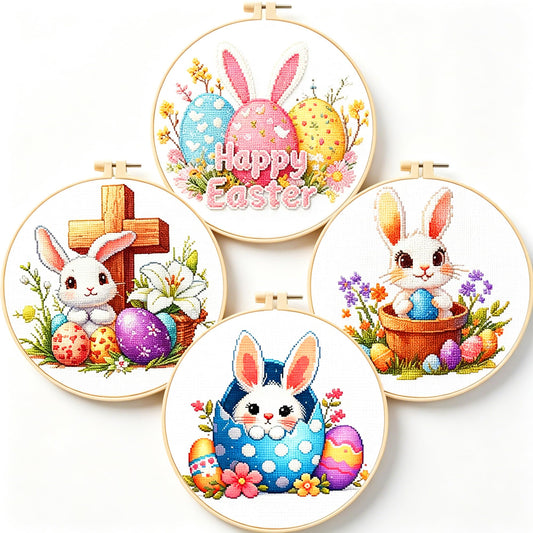 Zhenging Easter Cross Stitch Kit with 4 Bunny & EggPatterns -9.45x9.45 Inch Hoop, Pre-Printed Fabric,Threads, Tools -DlY Easter Craft Gift for Adults, HomeDecor