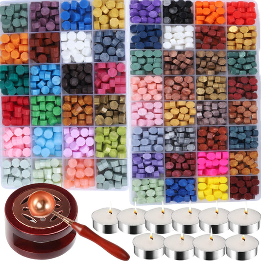 Wax Seal Kit, 56 Colors 1456 Pcs Sealing Wax Beads with Melting Warmer Spoon, Candles, Seal Stamp Set for Wedding Invitation, Letter Stamp Sealing and DIY Craft