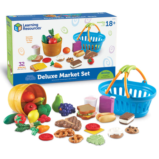Learning Resources New Sprouts Deluxe Market Set - Pretend Play Kitchen, Fruit Basket, Toddler Outdoor Play Food Toys, Kids Playset, Shopping Basket, Fine Motor Skills, Montessori Sensory Cooking