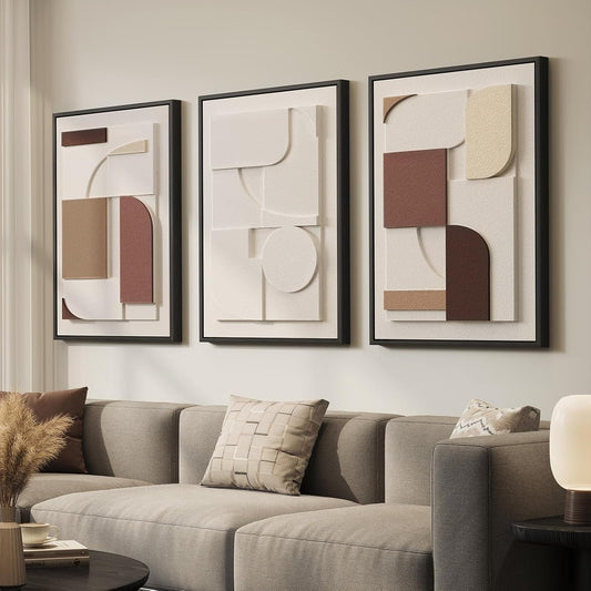 Skiennix 3D Textured Framed Wall Art - Beige Brown Geometric Paintings | Modern Minimalist 20x30 In