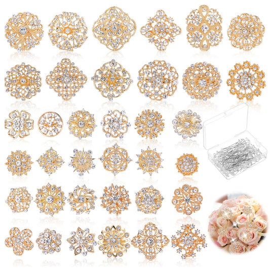 AOZUO 136 Pcs Gold Crystal Brooches for Women, Crystal Flower Brooch Pins with Rhinestones Bulk Brooches Jewelry Rhinestone Embellishments for DIY Jewelry Crafting Sewing Wedding Hair Decoration